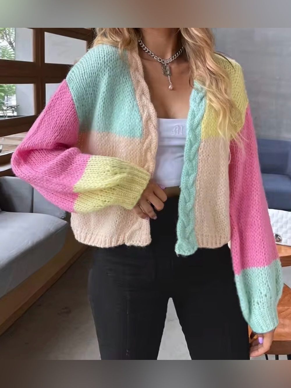 SHEIN Unity Color-Block Cable Knit Drop Shoulder Cardigan Women’s Size Small